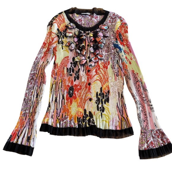 Alberto Makali Tops - Alberto Makali‎ Y2K Pleated Floral Blouse Ruffle Neck Applique Art to Wear Sz L